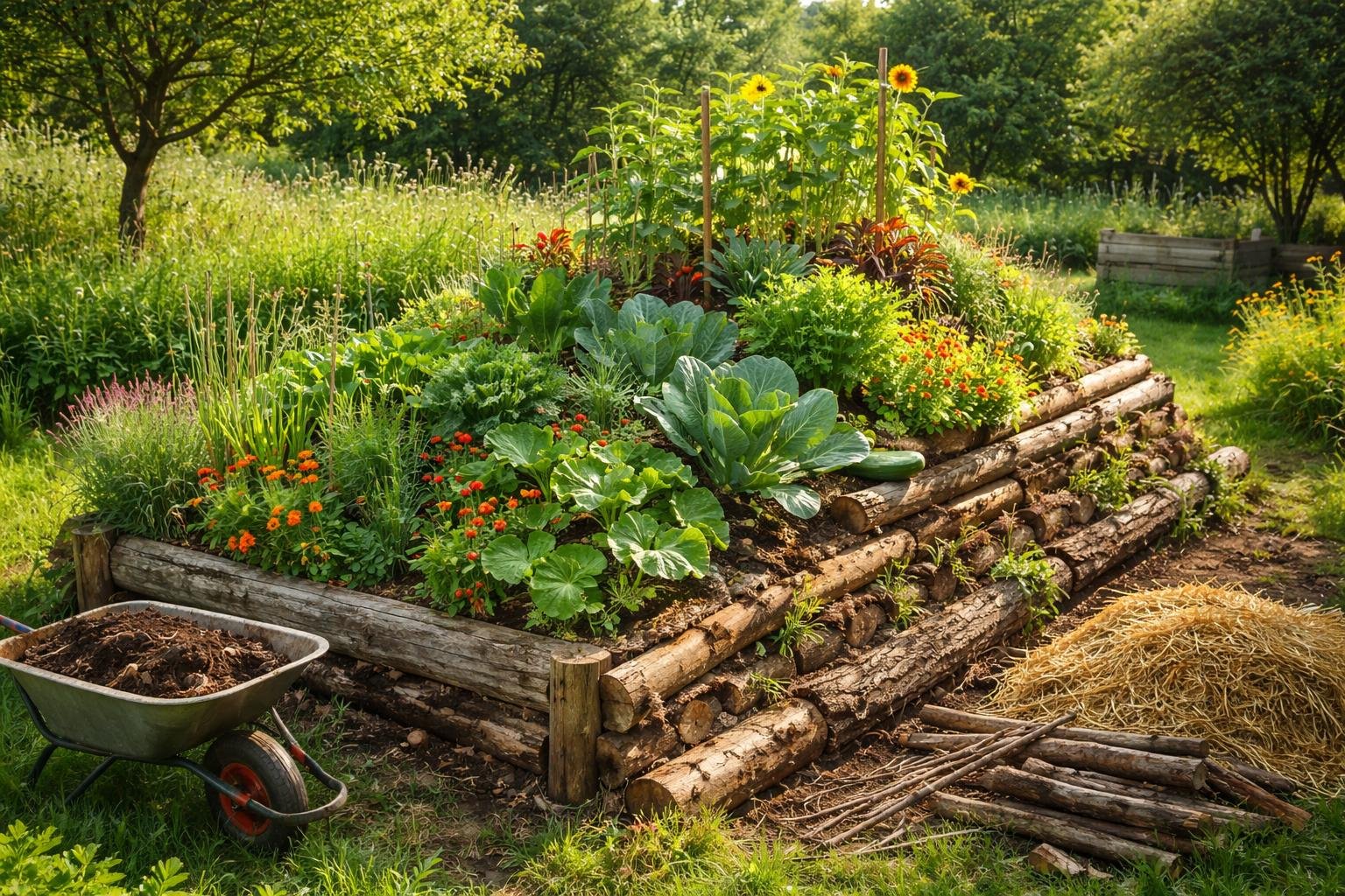 Ein Hügelbeet mit bunten Blumen und frischem Gemüse in einem Garten.