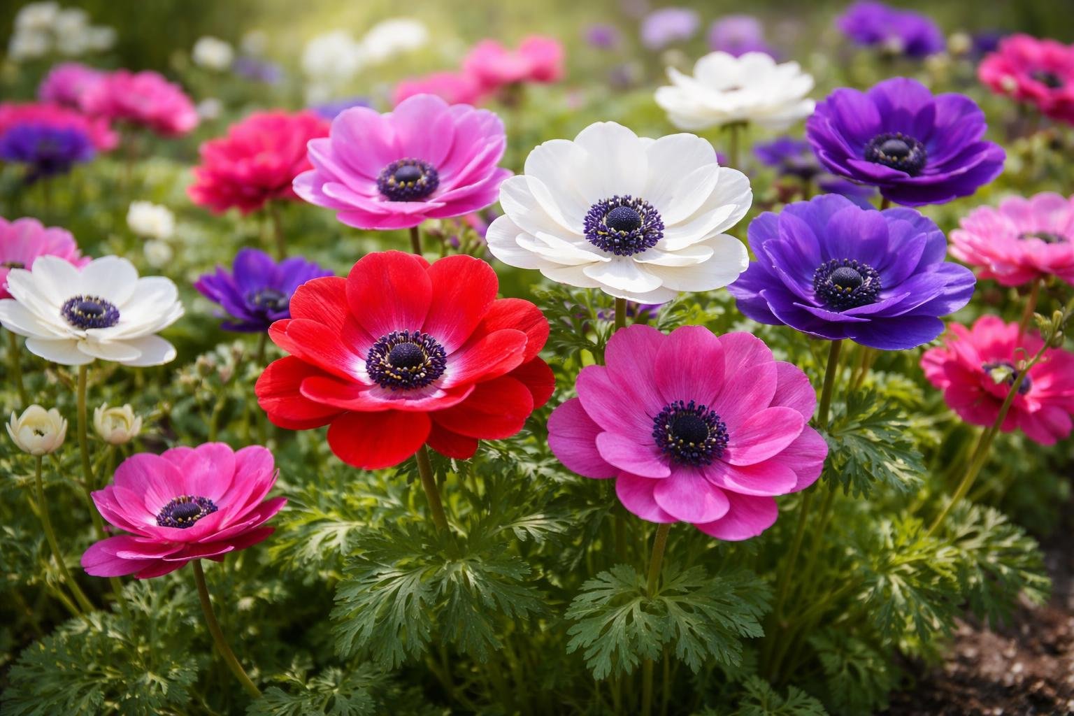 Bunte Kronen-Anemonen in einem Gartenbeet, blühend in verschiedenen Farben.