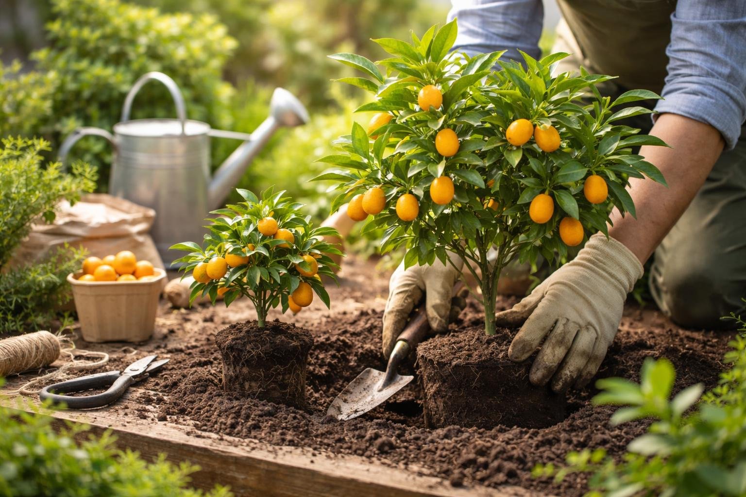 Zwei Kumquat-Pflanzen werden in einem Garten eingepflanzt, umgeben von frischem Grün.