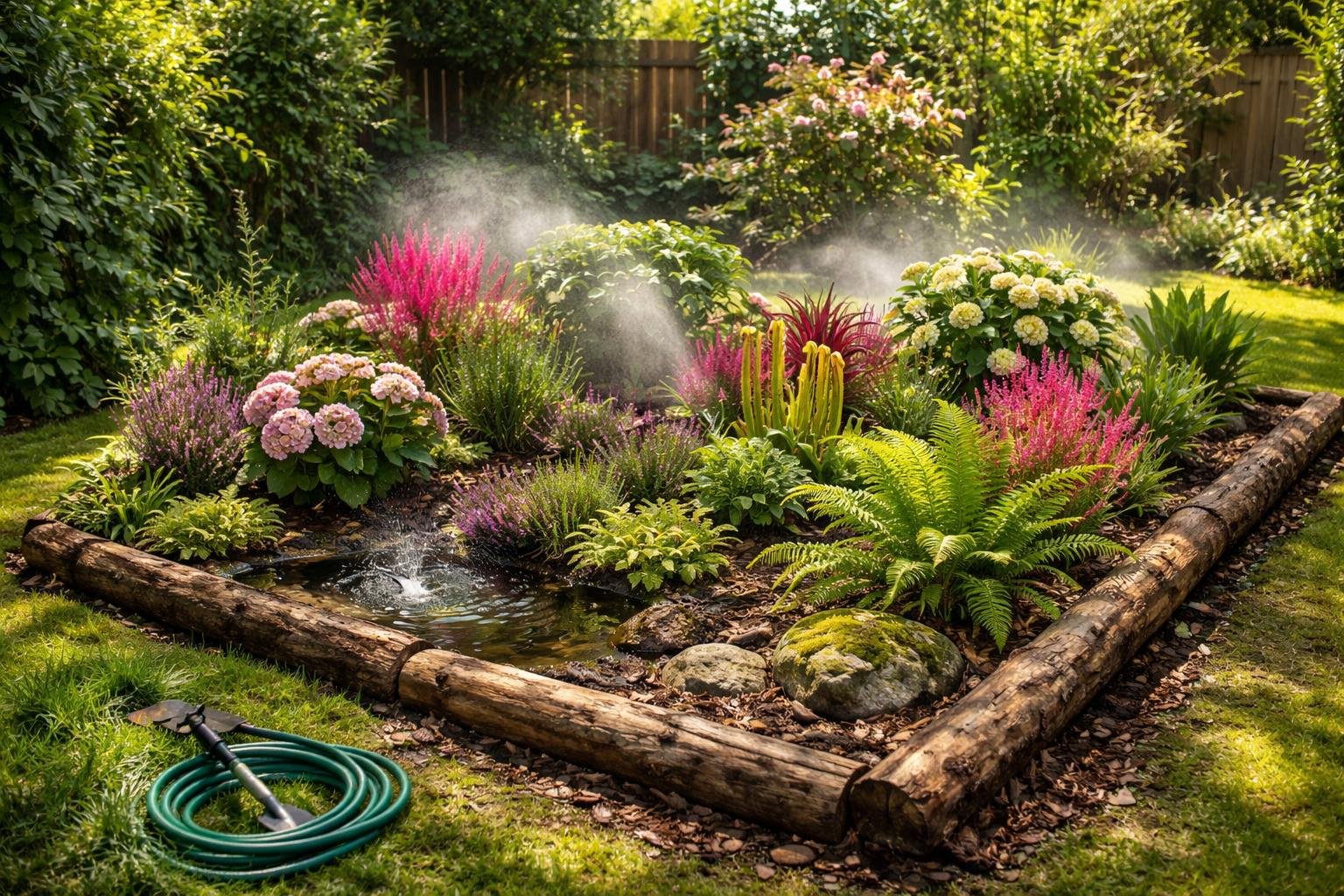 Ein buntes Mistbeet mit verschiedenen Blumen und Pflanzen, umgeben von frischem Grün.
