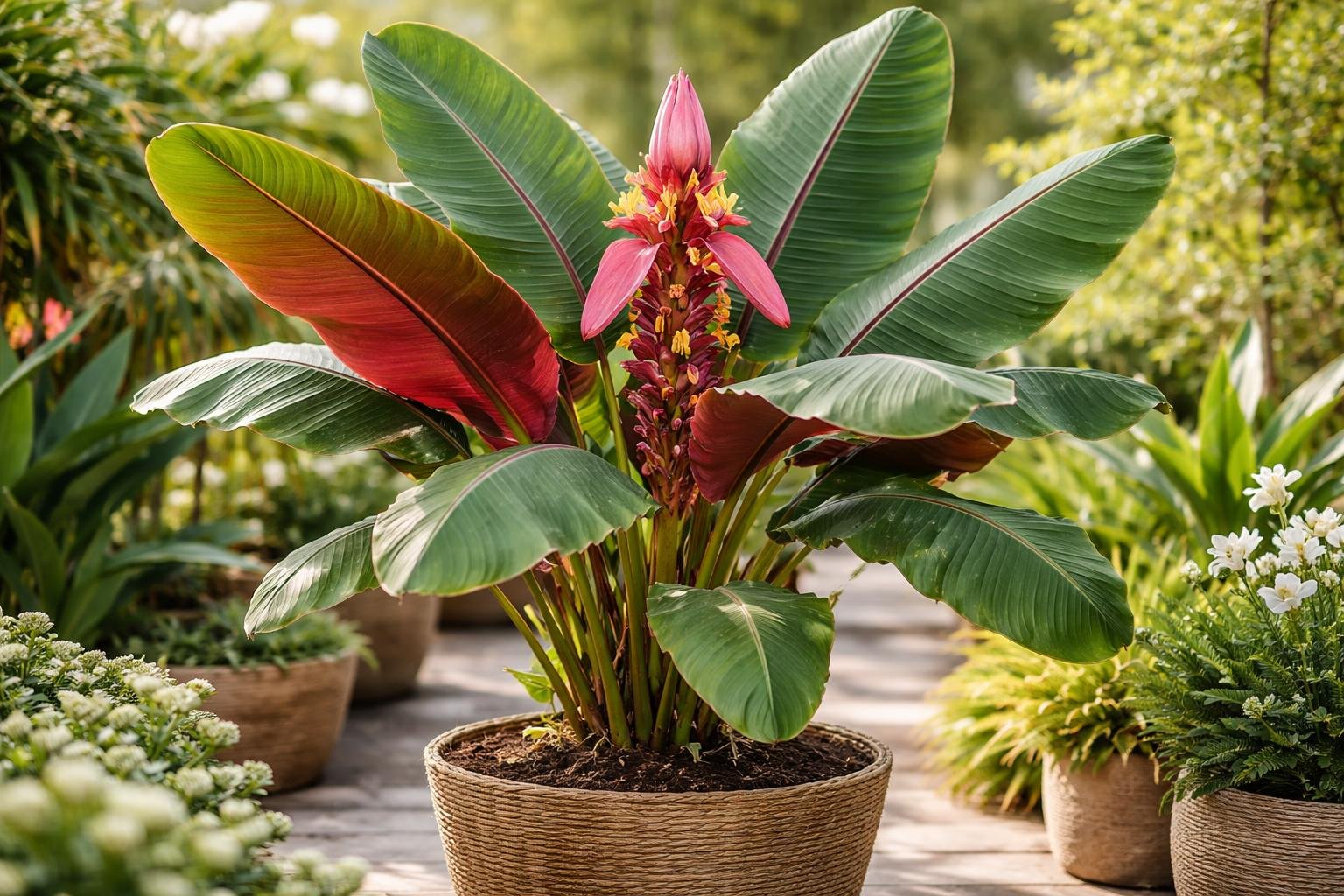 Die Zierbanane Musa tropicana mit großen, grünen Blättern und einer auffälligen Blüte.