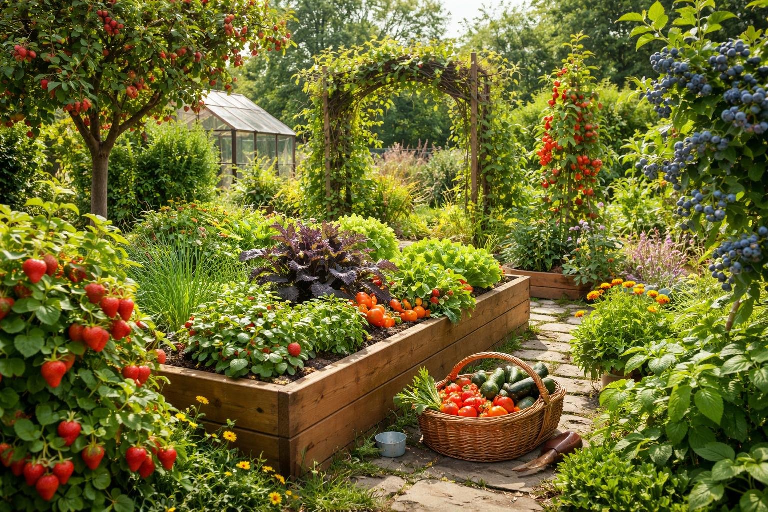 Ein üppiger Naschgarten mit Erdbeeren, Tomaten und frischem Gemüse in Hochbeeten.