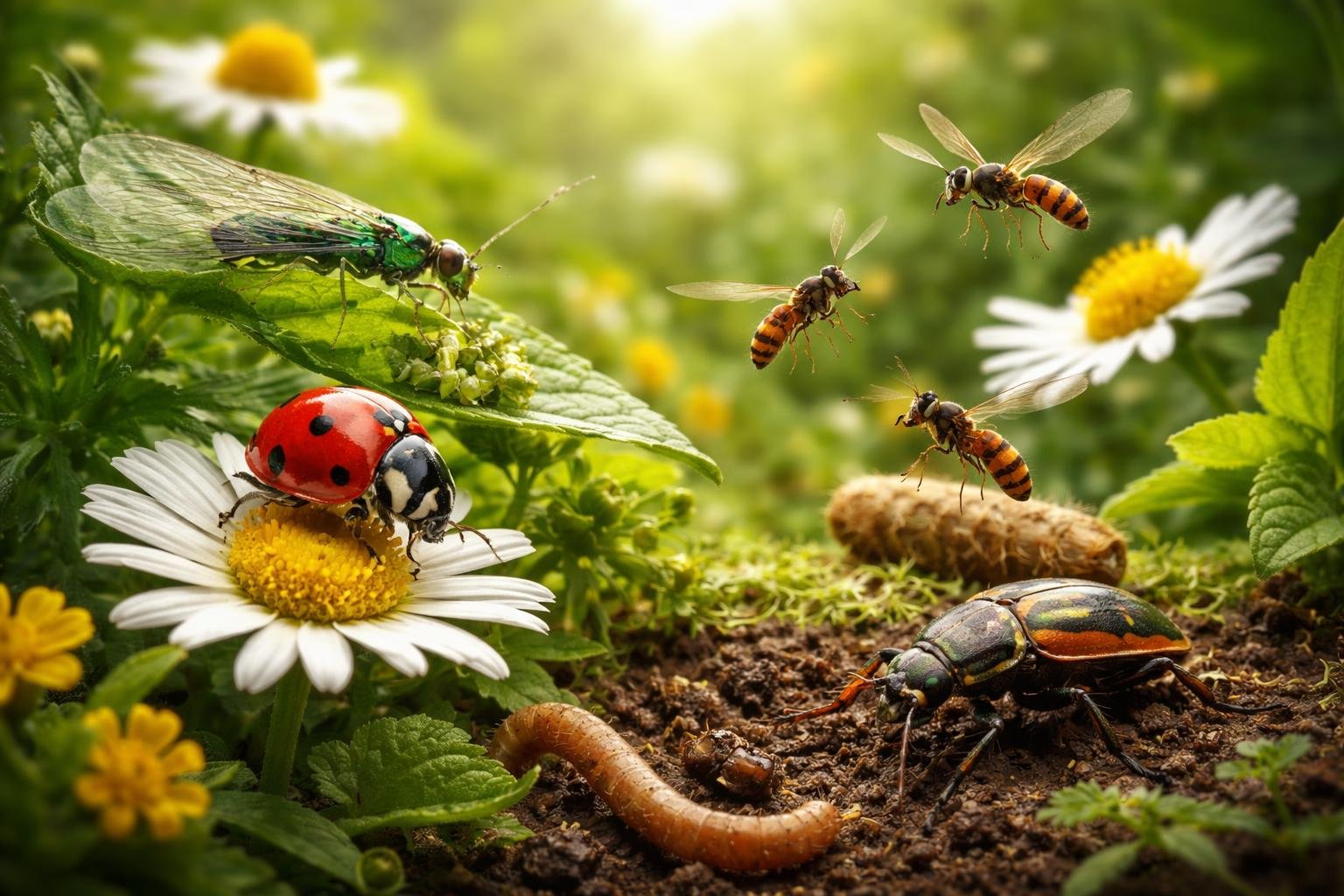 Eine Vielfalt nützlicher Insekten wie Marienkäfer und Bienen im Garten.