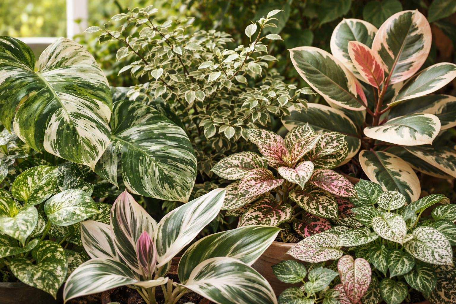 Bunte variegata Pflanzen mit einzigartigen Blattmustern in einem Garten.