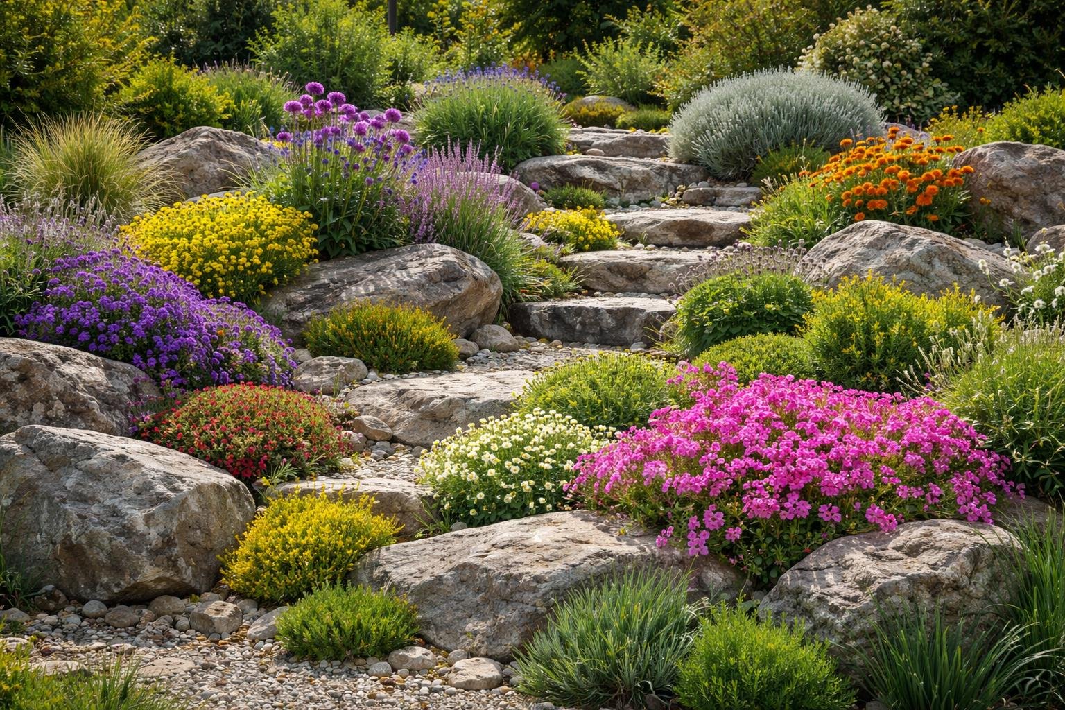 Bunte, trockenheitsverträgliche Pflanzen in einem Steingarten mit Felsen.