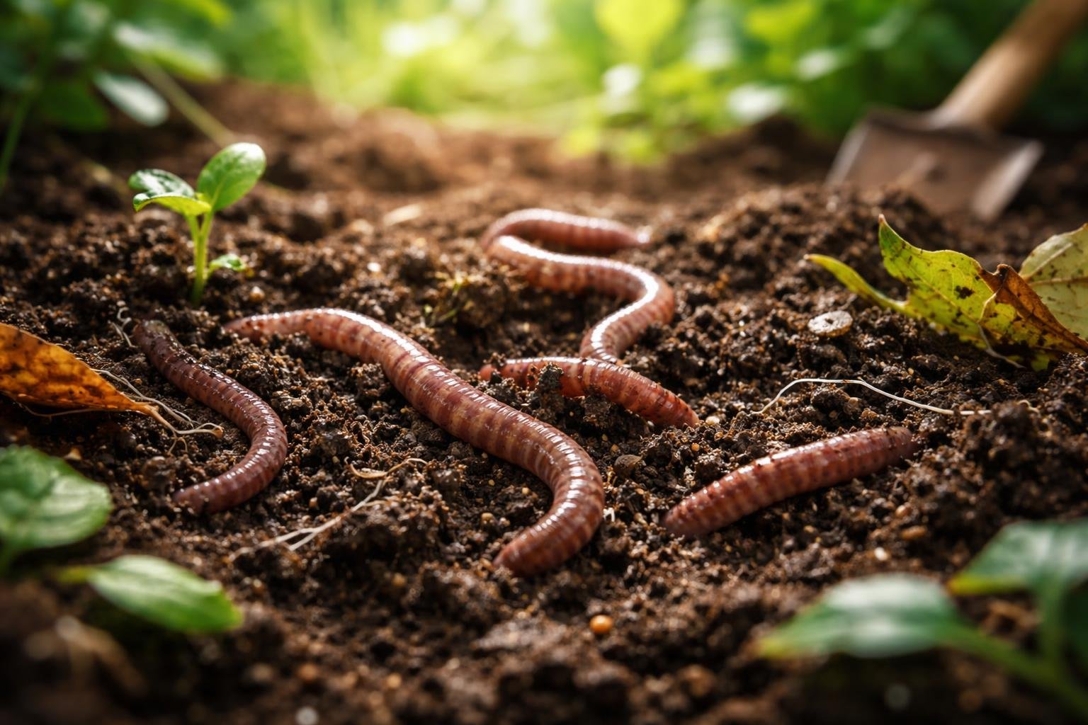 Regenwürmer kriechen durch fruchtbare Erde, umgeben von Pflanzen und Laub.