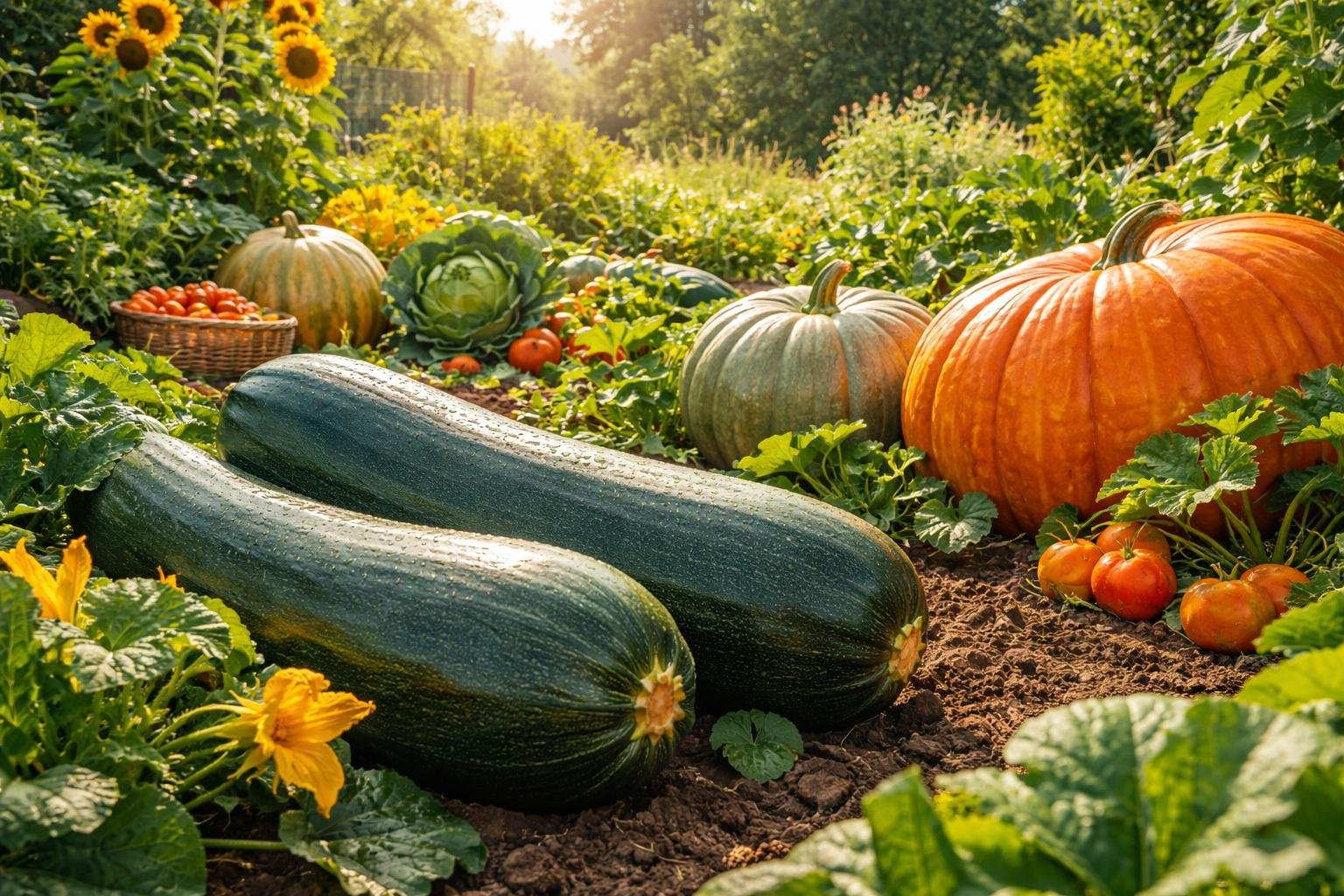 Zwei große Zucchini liegen im Garten, umgeben von Kürbissen und Tomaten.