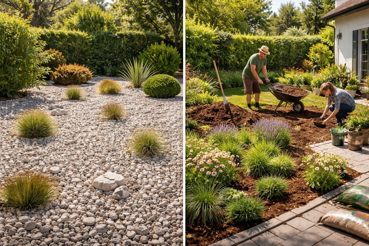 Ein Schottergarten mit Steinen und Gräsern, der auf eine grüne Gartenlandschaft übergeht.