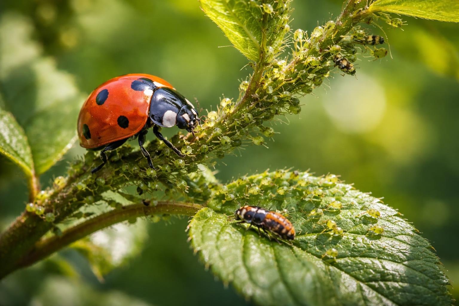 Ein Siebenpunkt-Marienkäfer frisst Blattläuse auf einem Blatt.