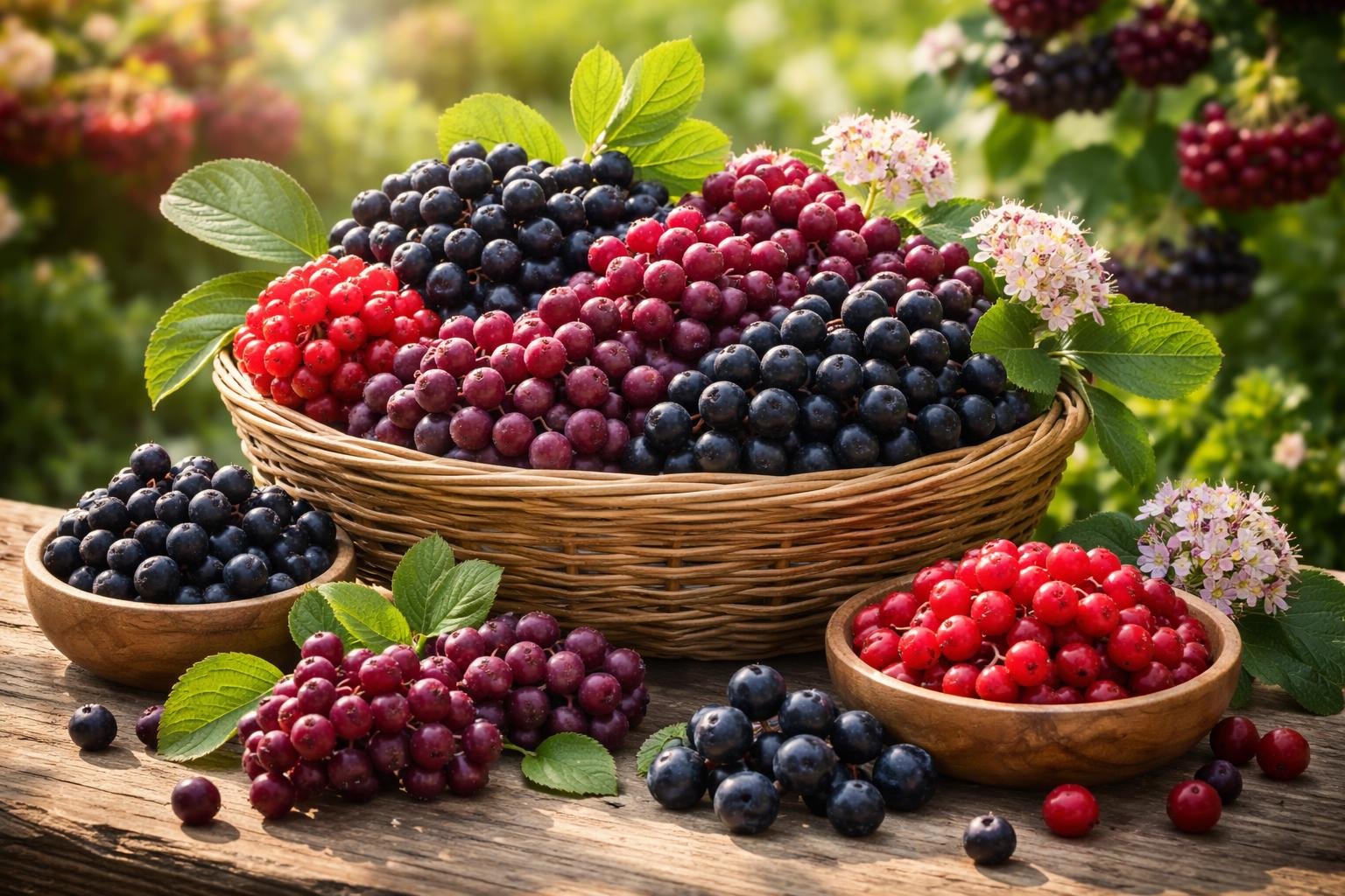 Ein Korb voller Aronia-Beeren in verschiedenen Farben, umgeben von frischen Blättern.