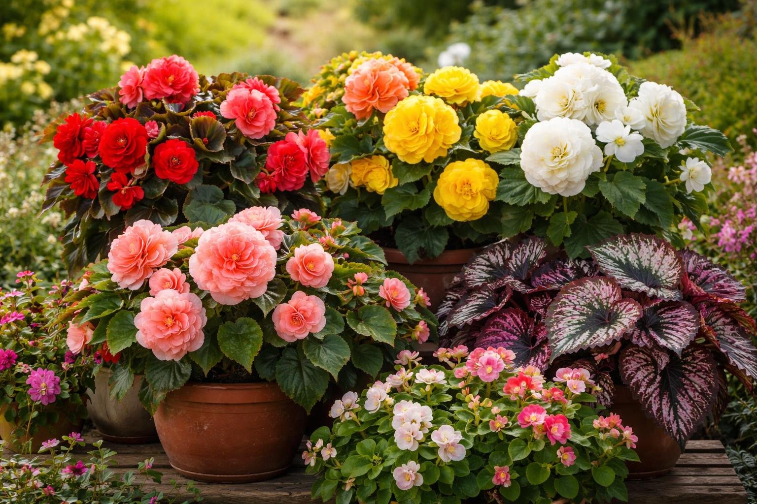 Bunte Begonien in Töpfen, darunter rote, rosa, gelbe und weiße Blüten.