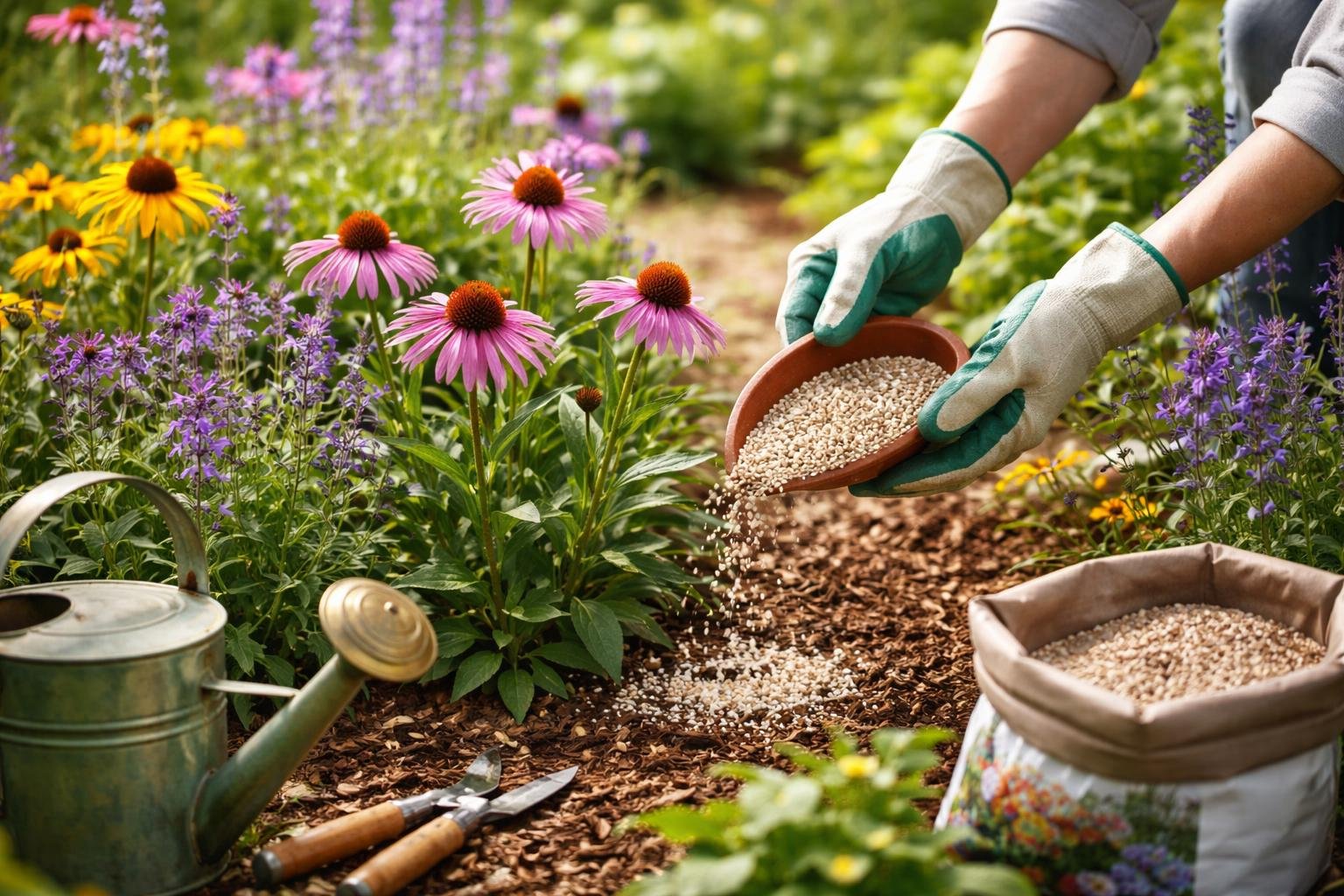 Eine Person düngt bunte Stauden im Garten mit einem Tonteller.