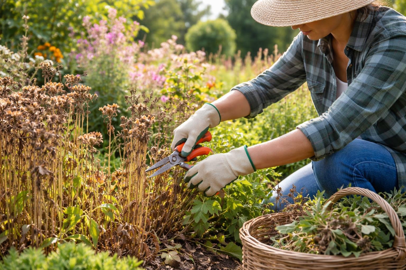 Eine Person schneidet verwelkte Stauden im Garten mit einer Schaufel.