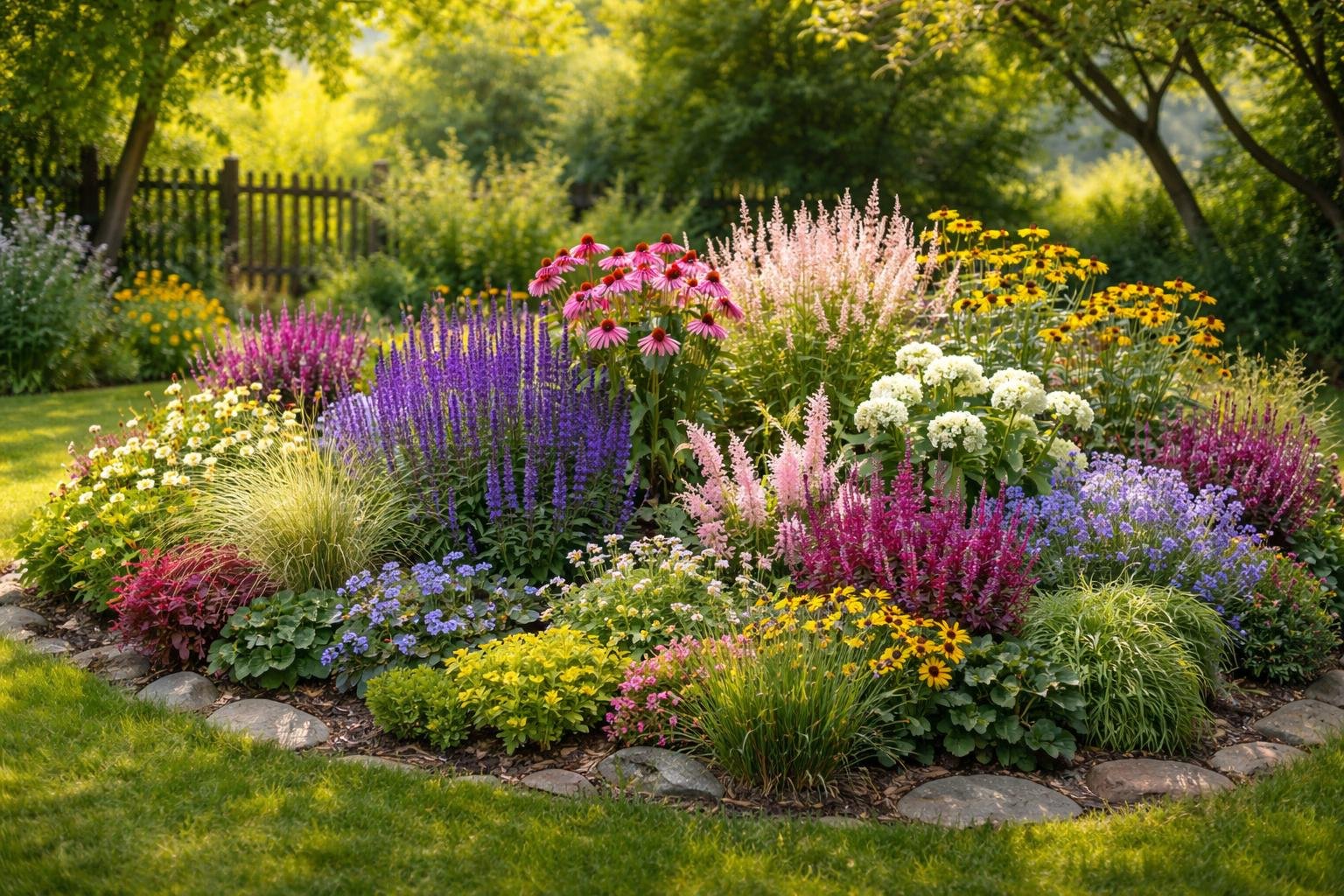 Bunte Staudenbeet mit verschiedenen Blumen in voller Blüte, umgeben von grünem Gras.