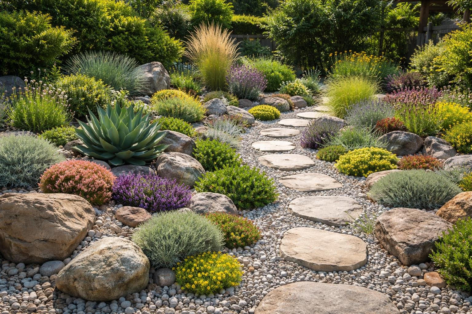 Ein schöner Steingarten mit bunten Pflanzen und Steinwegen.