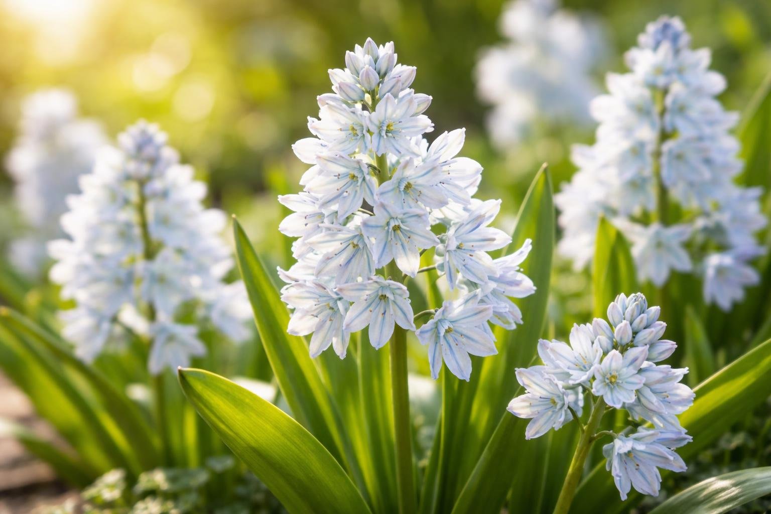 Blühende Sternhyazinthe mit weißen Blüten und grünen Blättern im Garten.