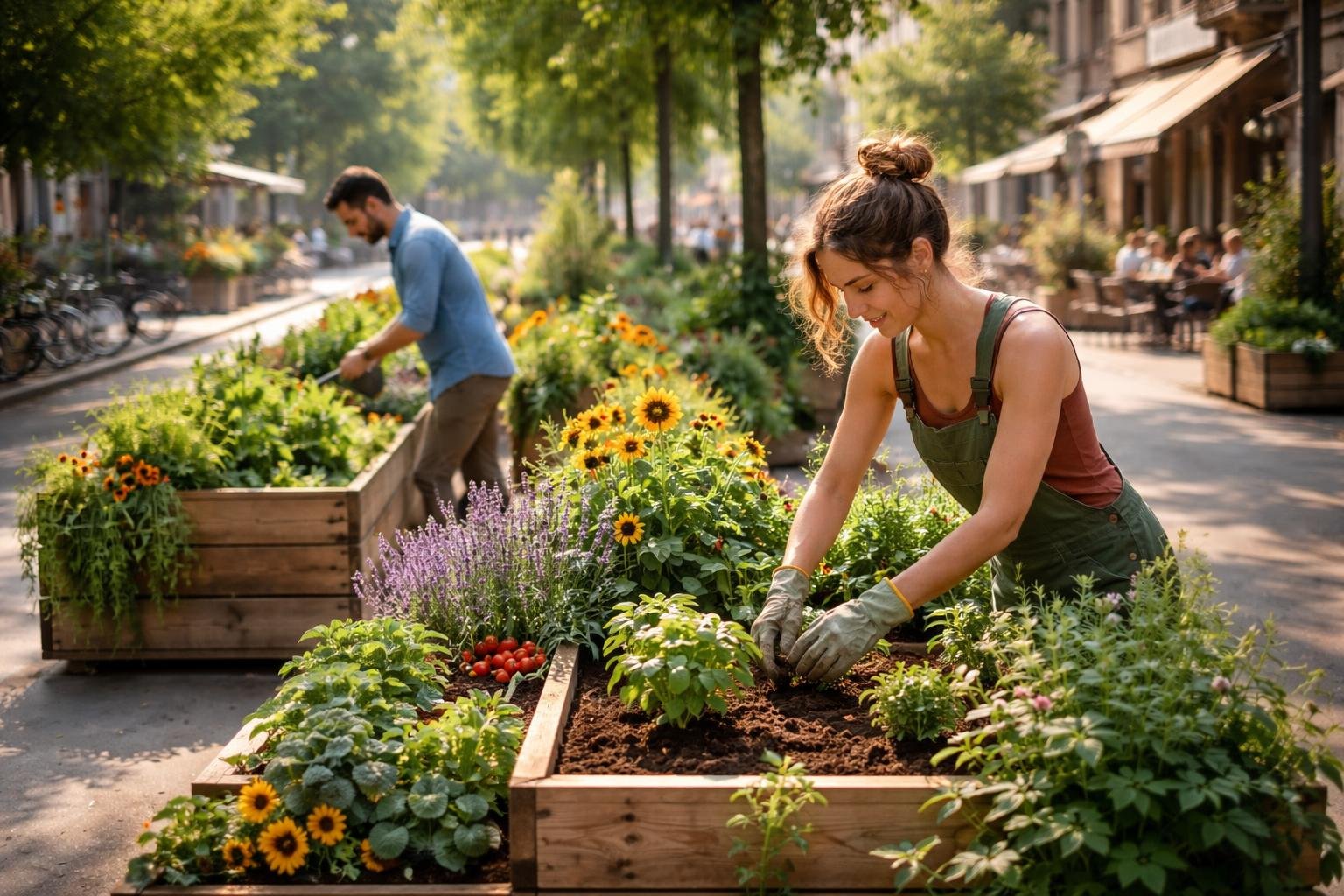 Zwei Personen gärtnern in einem Straßenbeet mit bunten Pflanzen und Blumen.