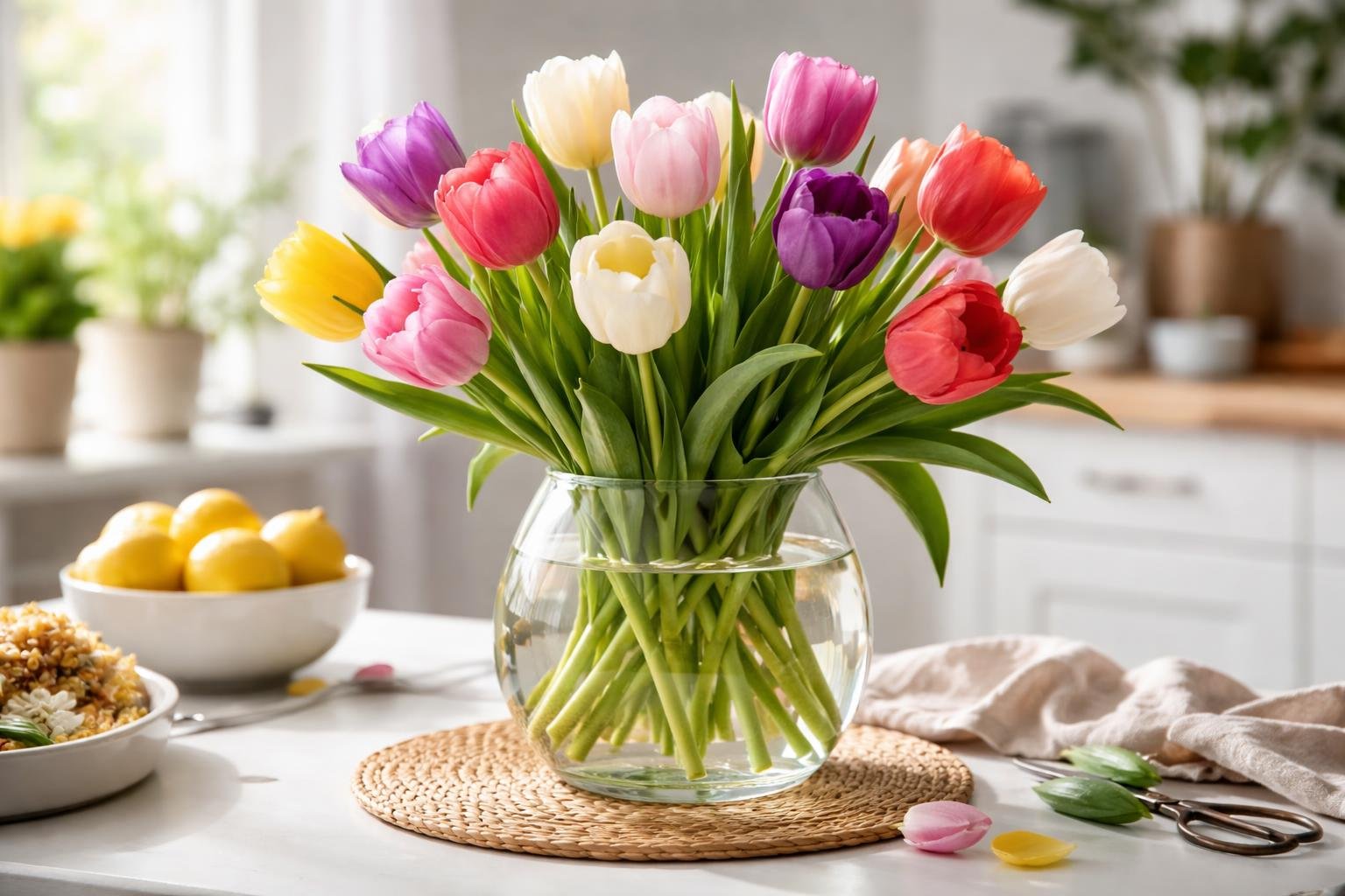 Bunte Tulpen in einer klaren Vase auf einem Tisch mit frischen Zitronen.