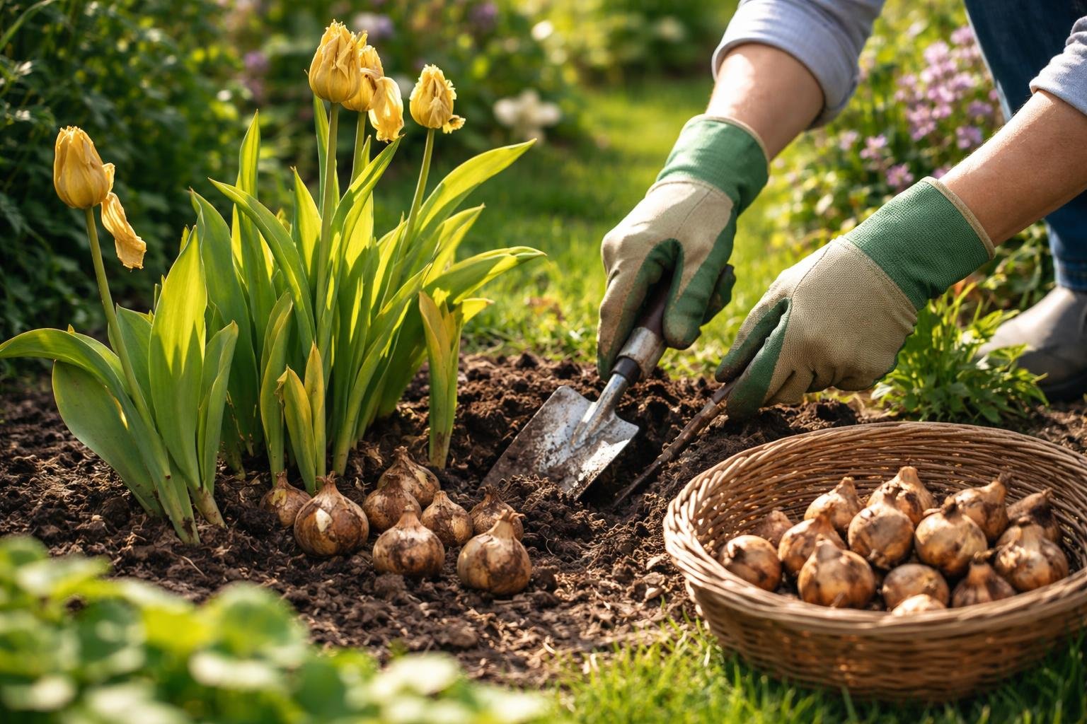 Eine Person gräbt Tulpenzwiebeln aus der Erde, während gelbe Tulpen blühen.