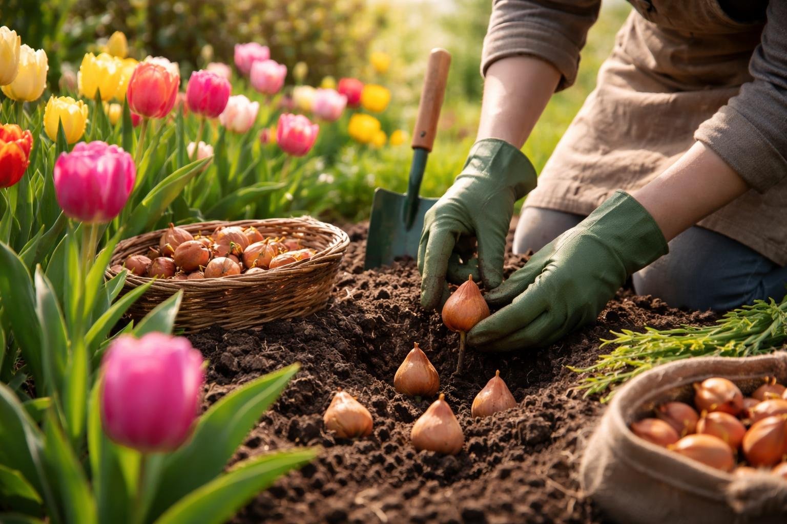 Eine Person pflanzt Tulpenzwiebeln in einen fruchtbaren Gartenboden.
