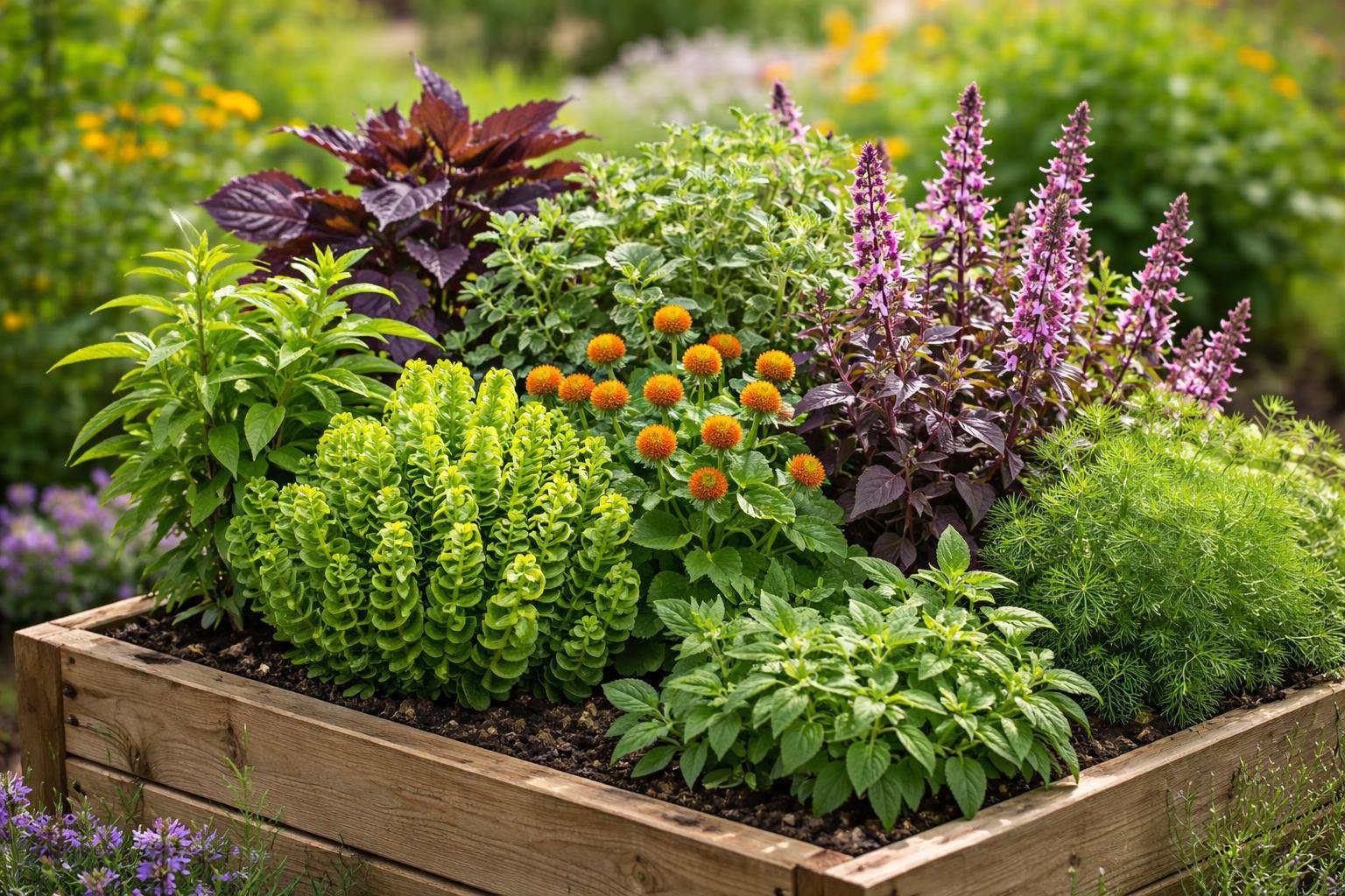 Bunte Kräuter und Pflanzen in einem Hochbeet, ideal für den Garten.