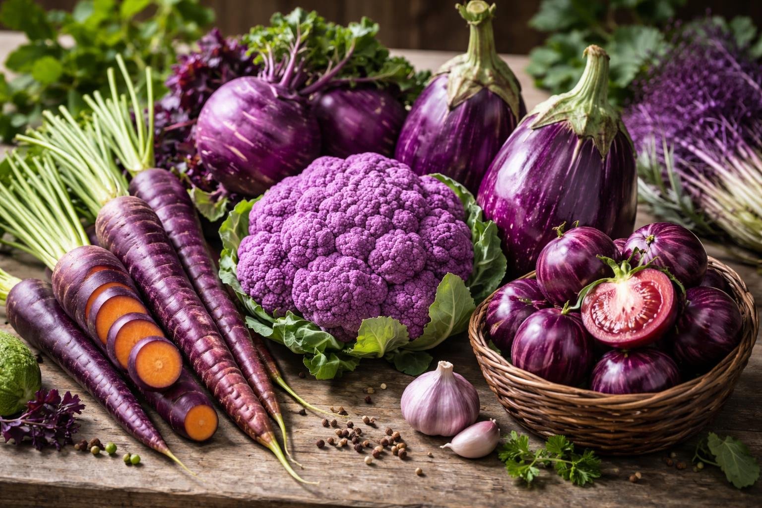 Bunte Auswahl an lila Gemüse, darunter violette Karotten, Blumenkohl und Auberginen.