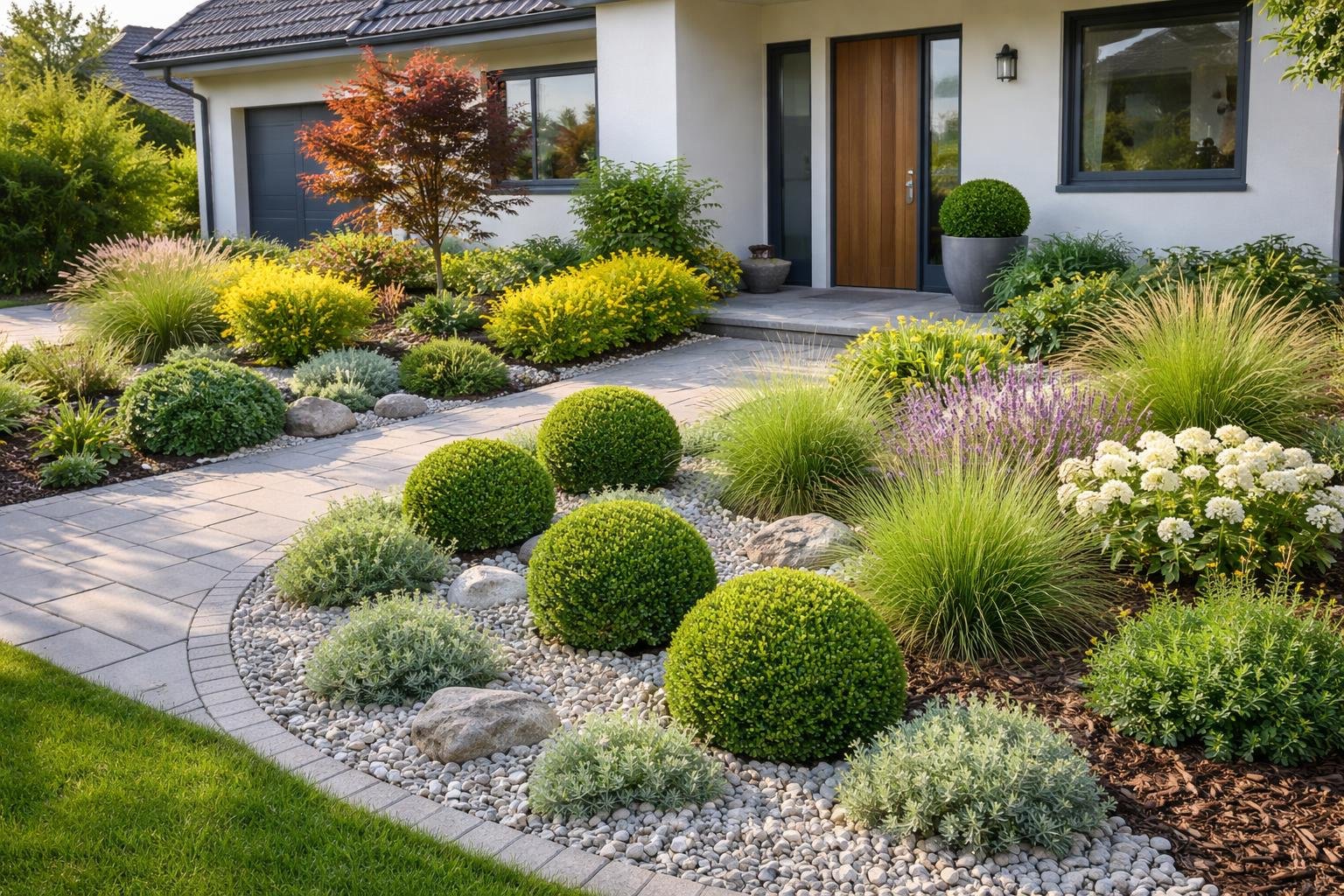 Ein moderner Vorgarten mit runden Sträuchern, bunten Blumen und Kieswegen.