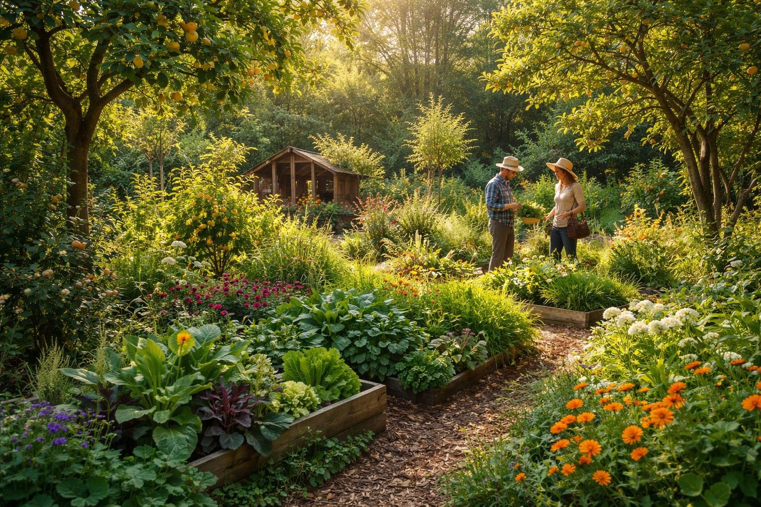 Ein Waldgarten mit bunten Blumenbeeten und Obstbäumen, zwei Personen im Gespräch.