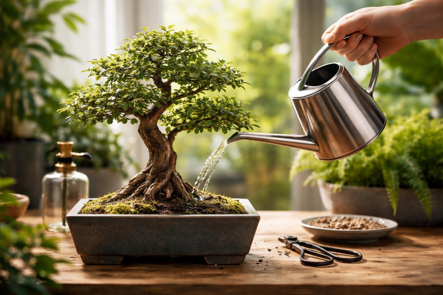 Eine Person gießt einen Bonsai-Baum mit einer silbernen Gießkanne.