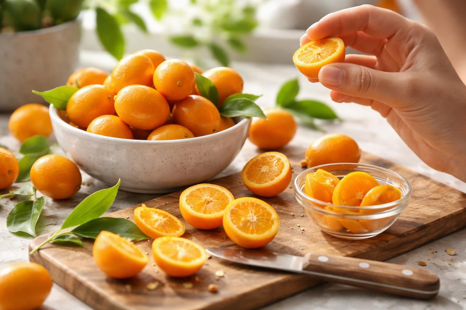 Eine Hand hält eine halbierte Kumquat über einem Holzbrett mit frischen Früchten.