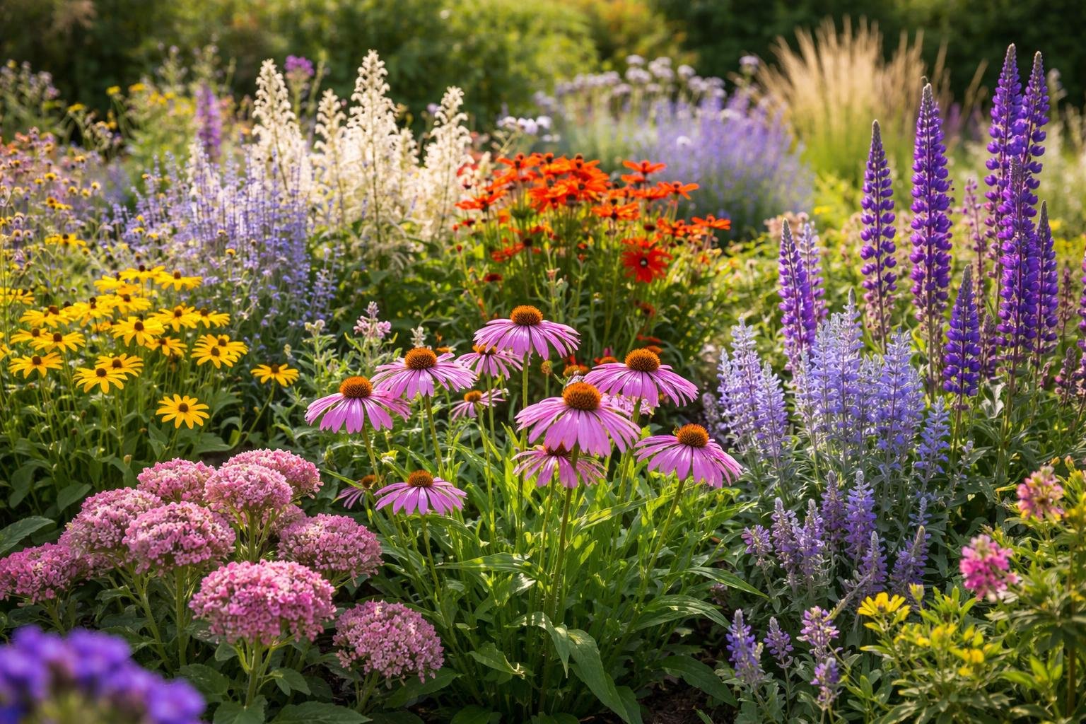 Bunte winterharte Stauden in einem blühenden Garten mit verschiedenen Farben.
