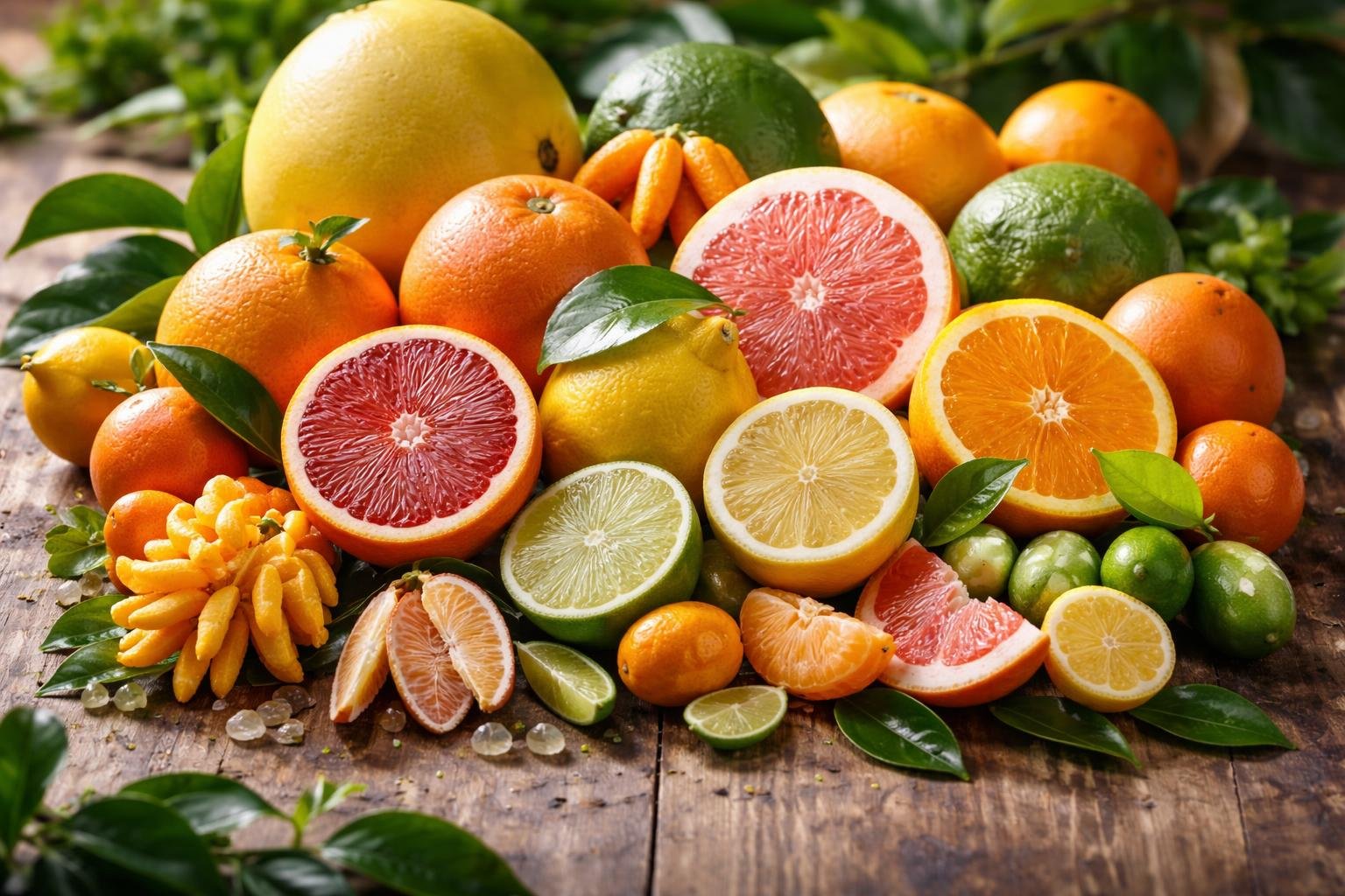 Bunte Auswahl an Zitrusfrüchten wie Grapefruit, Limetten und Mandarinen auf einem Holztisch.