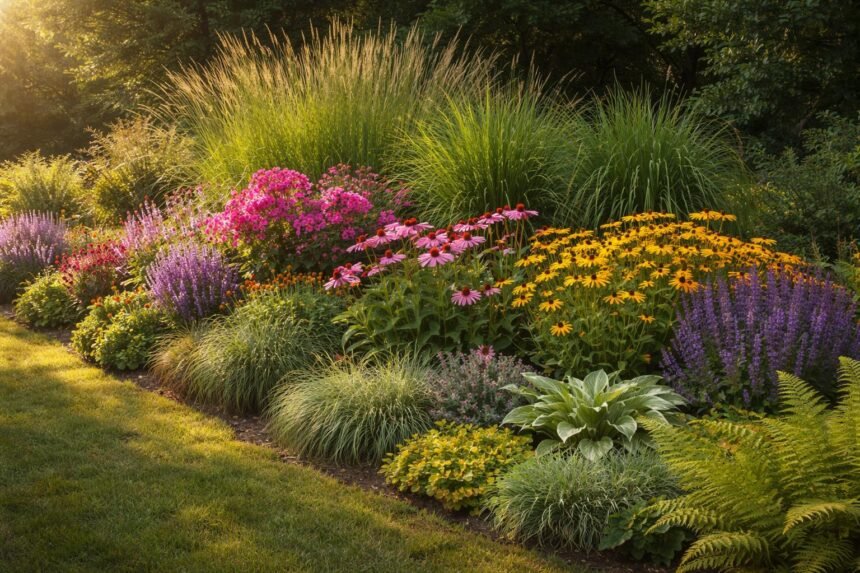 Beet mit bunten Stauden, grünen Blättern und farbenfrohen Blütenkaskaden im Garten.