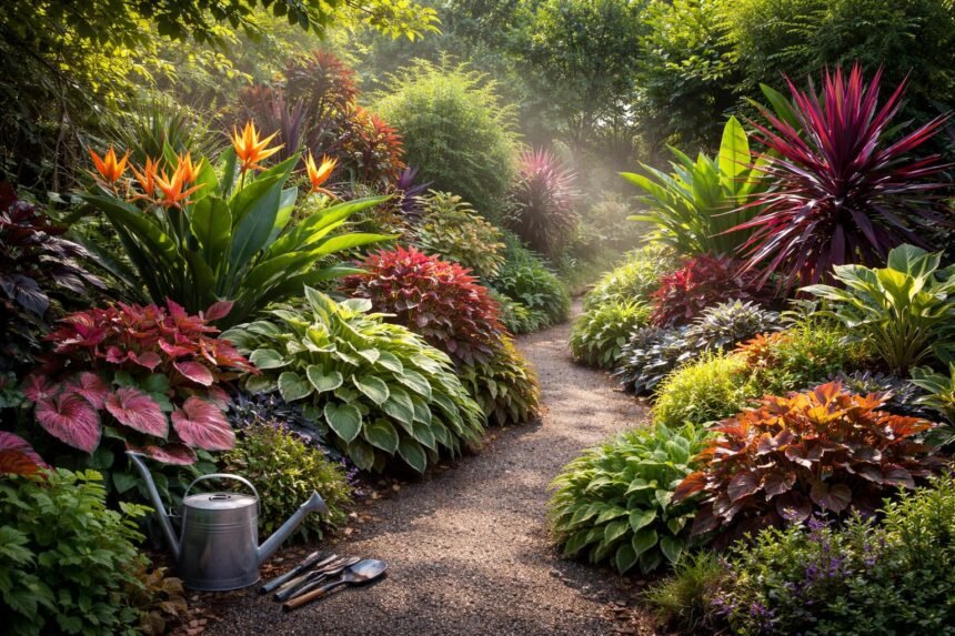 10 pflegeintensive Gartenpflanzen - Pflegeintensive Gartenpflanzen in buntem Beet, Gießkanne und Schutz vor Sonne.