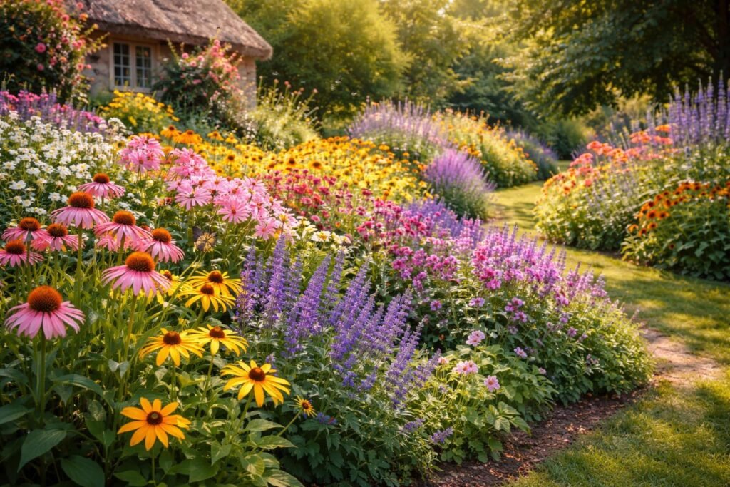 Bunte Blütenstauden schmücken das Gartenbeet für eine lange Saison mit Vielfalt.