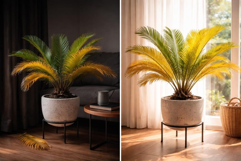 Cycas revoluta mit gelben Blättern wegen falschem Licht, zu dunkel oder zu sonnig.