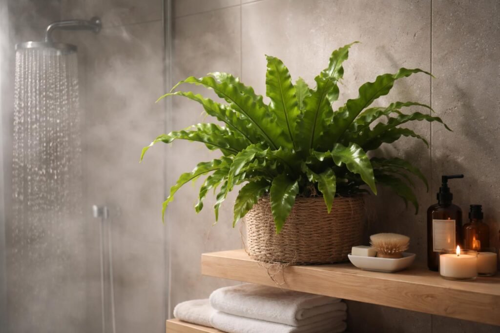 Nestfarn hängt an der Wand im hellen Badezimmer, grüne Blätter glänzend