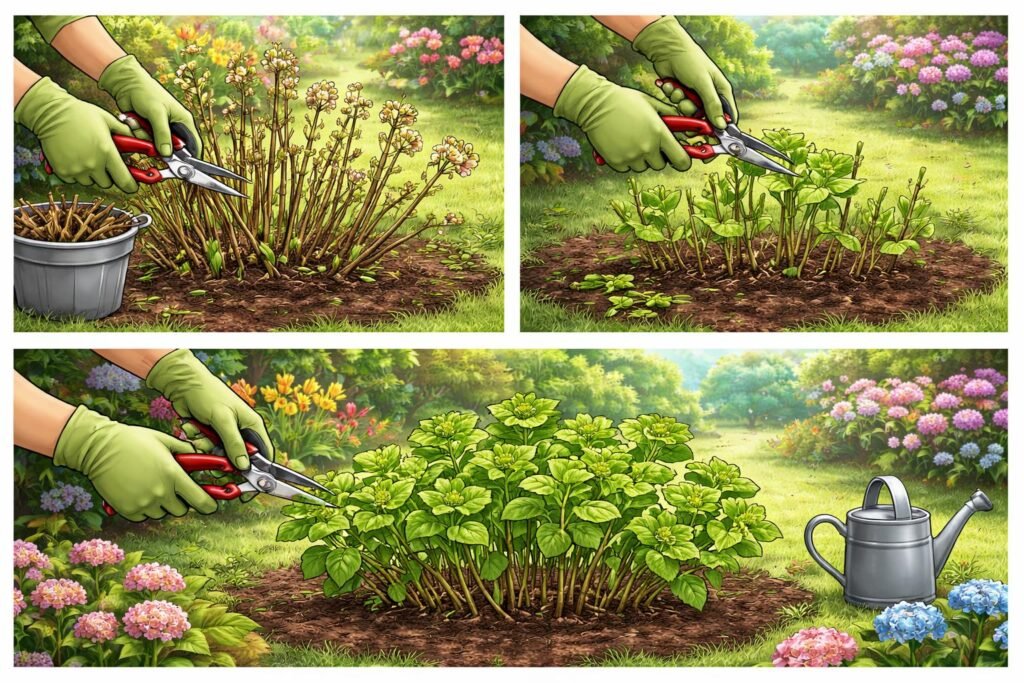 - Schritt-für-Schritt-Anleitung zum Rückschnitt von Hortensien, Blütenfülle sichernd und gesund für robuste Pflanze im nächsten Jahr.