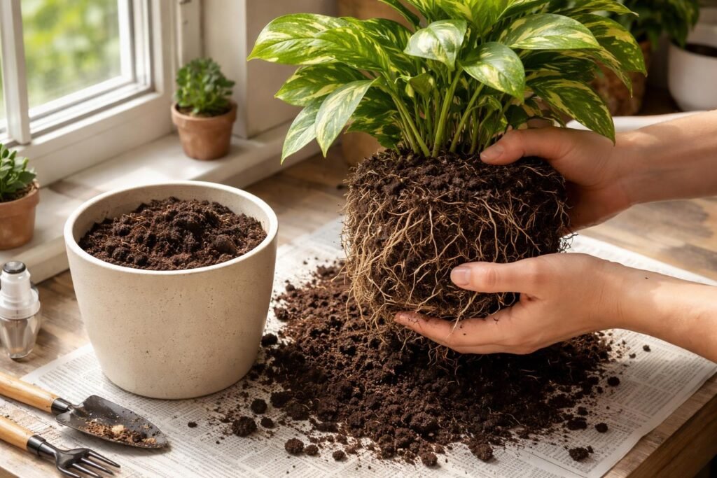 Pflanze übergossen: in 6 Schritten retten Hand hebt Pflanze an, Wurzeln freigelegt, frische Erde bereit für Umtopfen und Erde wechseln.