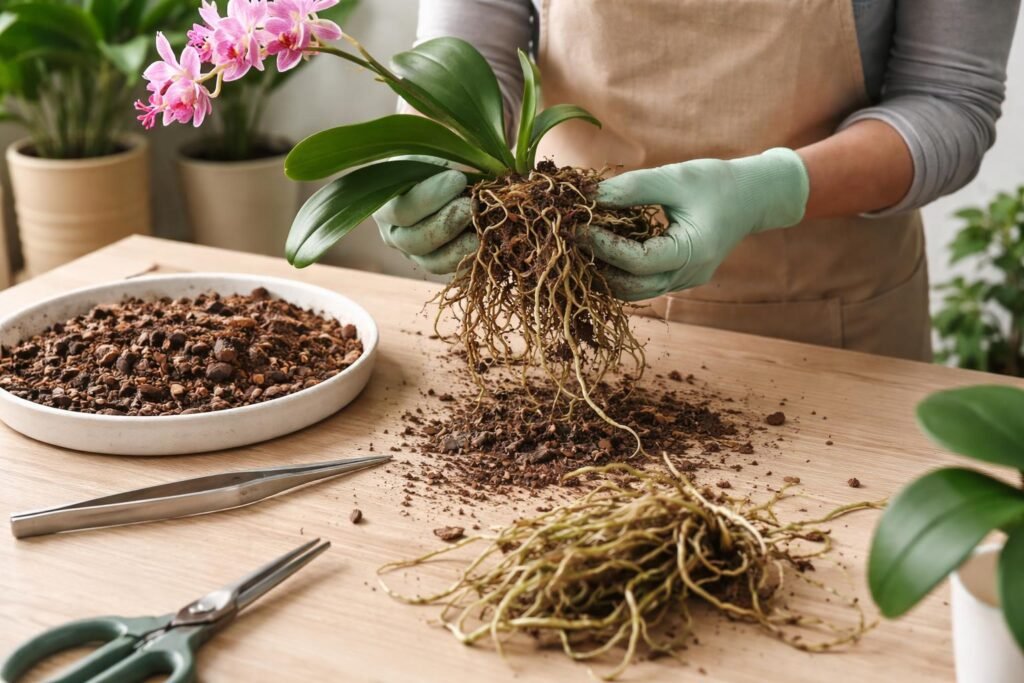 Nahaufnahme von Orchideenwurzeln beim vorsichtigen Entfernen alter Erde und Substrat