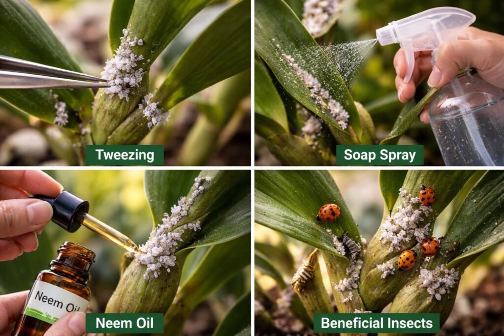 Orchideen mit Wollläusen, Nahaufnahme der Behandlungsschritte und Tipps zur Schädlingsbekämpfung