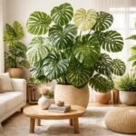 Verschiedene Monstera-Arten mit unterschiedlichen Blattformen und Musterungen im Wohnzimmer zu sehen