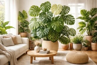 Verschiedene Monstera-Arten mit unterschiedlichen Blattformen und Musterungen im Wohnzimmer zu sehen