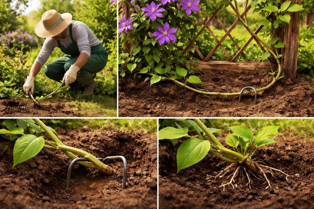 Detailreiche Absenker-Methode: Clematis im Boden verankern, wurzeln lassen, Pflege beachten.