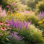 Staudenbeet im Abendlicht, vielfältig, pflegeleicht, friedlich wogend im Wind, farbenprächtig