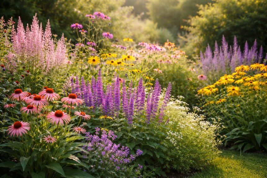 Staudenbeet im Abendlicht, vielfältig, pflegeleicht, friedlich wogend im Wind, farbenprächtig