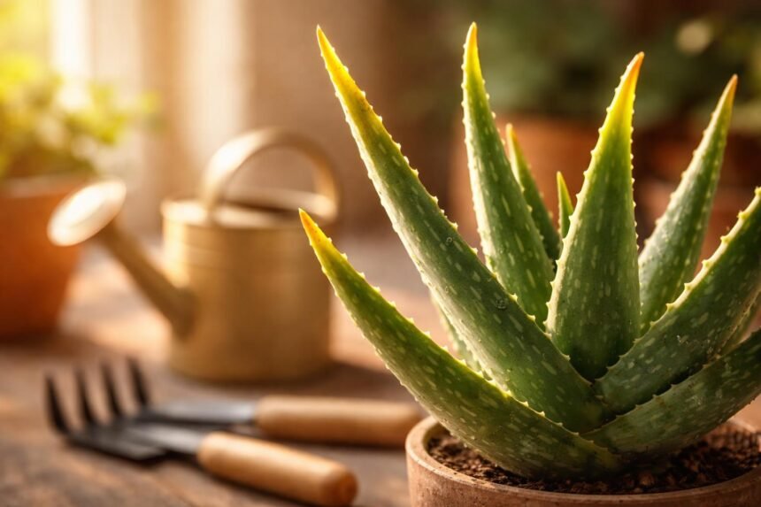 Aloe vera mit gelben Blattspitzen, erklärt mögliche Pflegefehler und einfache Lösungsschritte