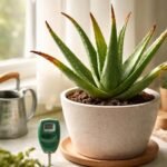 Nahaufnahme braunwerdender Aloe-Vera-Blätter auf einer Topfpflanze im Wohnzimmer, sichtbar vertrocknet
