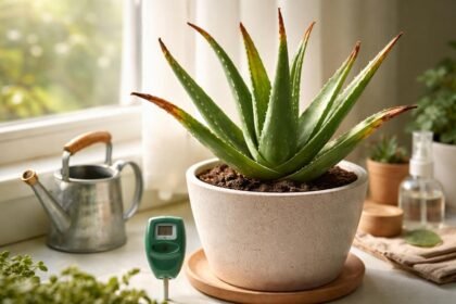 Nahaufnahme braunwerdender Aloe-Vera-Blätter auf einer Topfpflanze im Wohnzimmer, sichtbar vertrocknet
