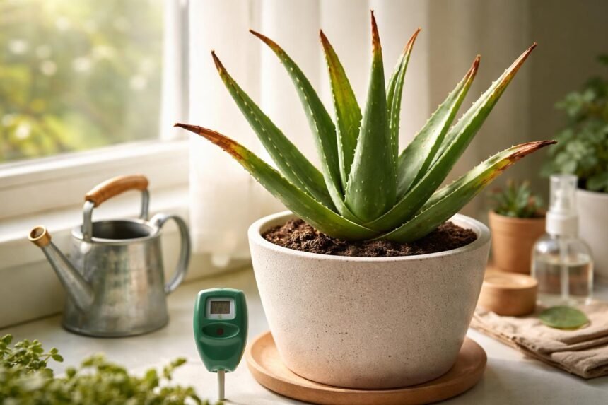 Aloe Vera Blätter werden braun: richtig reagieren Nahaufnahme braunwerdender Aloe-Vera-Blätter auf einer Topfpflanze im Wohnzimmer, sichtbar vertrocknet